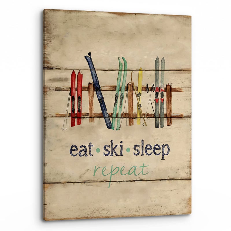 PHAMTE Eat Sleep Ski Repeat Wall Art,Farmhouse Rustic Winter Holiday Sport Ski Sleighs Vintage Print Framed Canvas Painting Artwork Home Bedroom Living Room Skiing Teen Room Cabin Decor(11x14 Inch) - Image 1